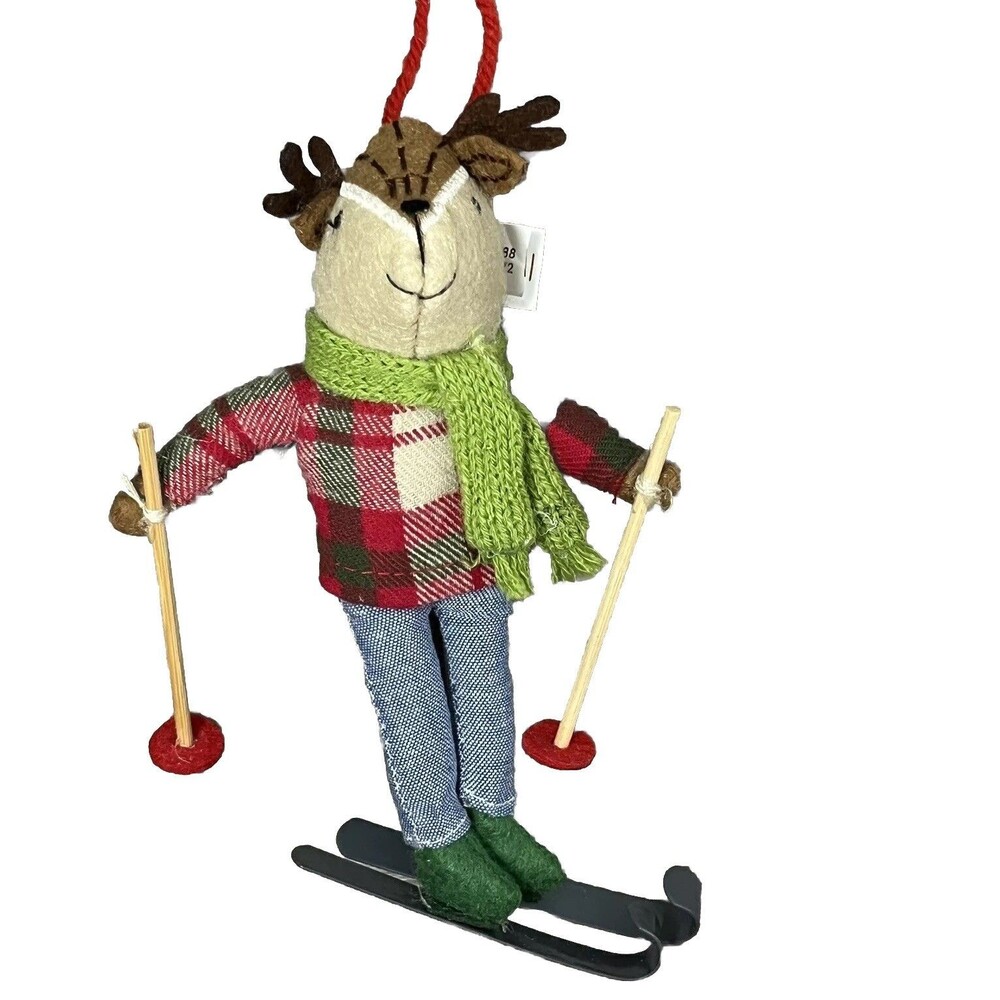 Reindeer Skier Christmas Tree Hanging Ornament Rustic Ski Plush Fabric Cabincore